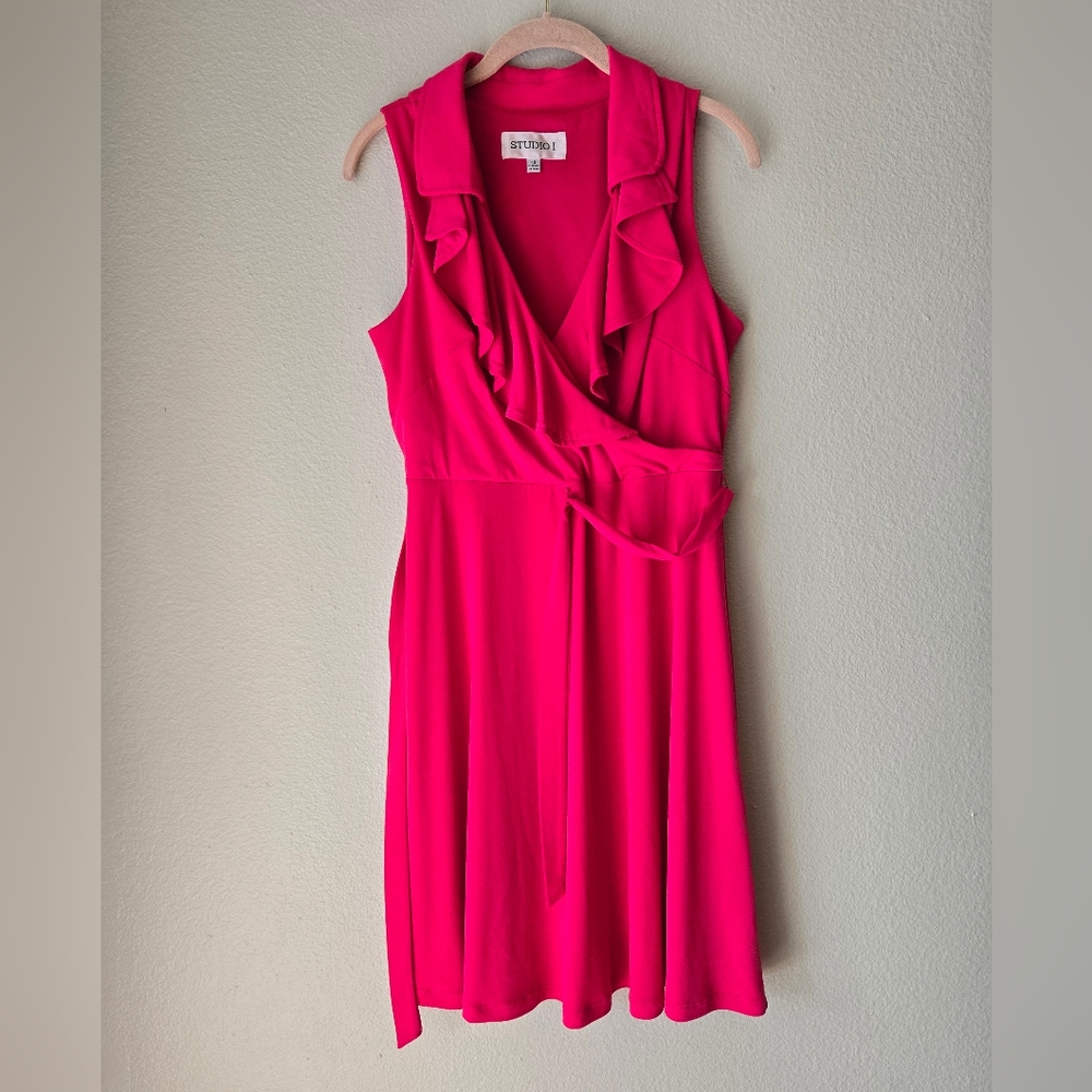 Studio One Women's Magenta Hot Pink Sleeveless Flare Dress Size 8, Tie Belt